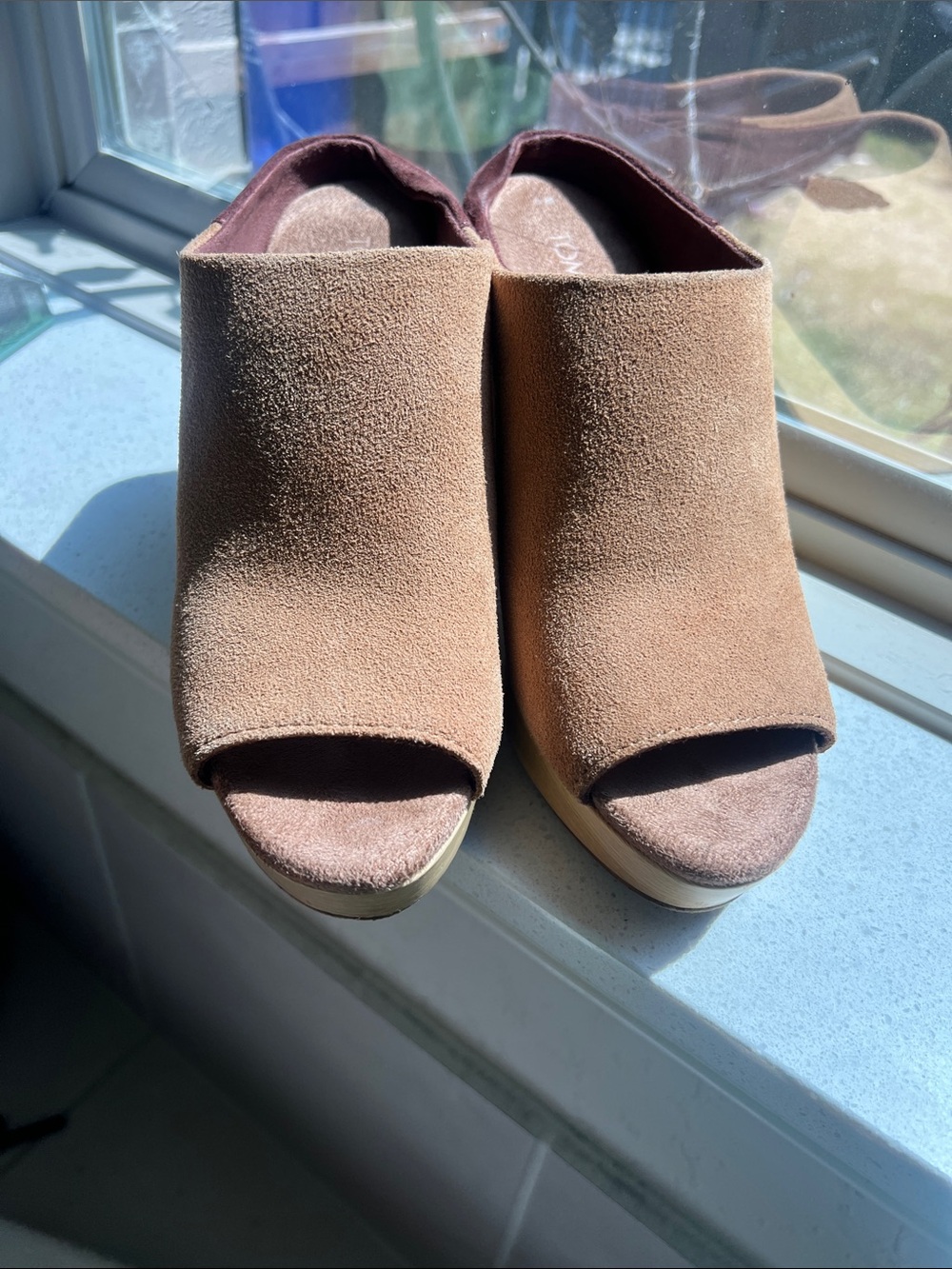 Toms Women’s Open-Toe Suede Wedge Mules in Taupe